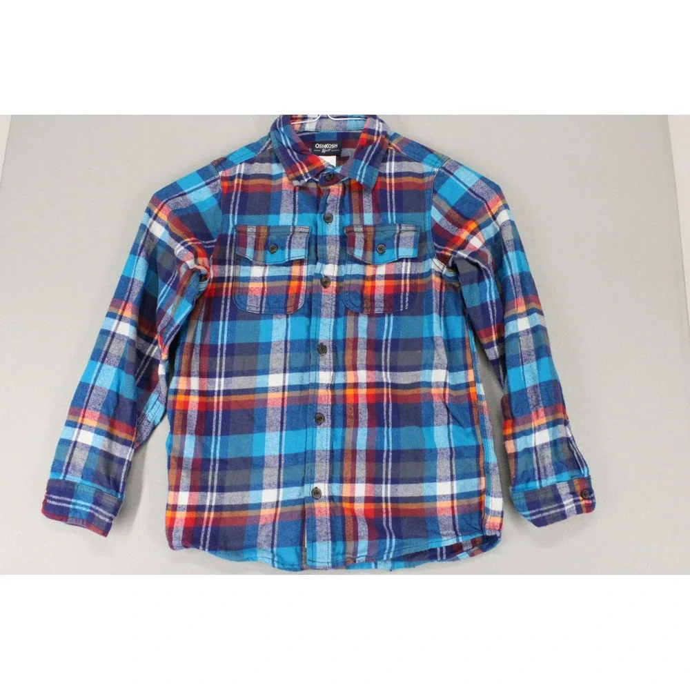 OshKosh Bgosh Kids Blue Orange Plaid Flannel Button Up Shirt Size 10 Casual